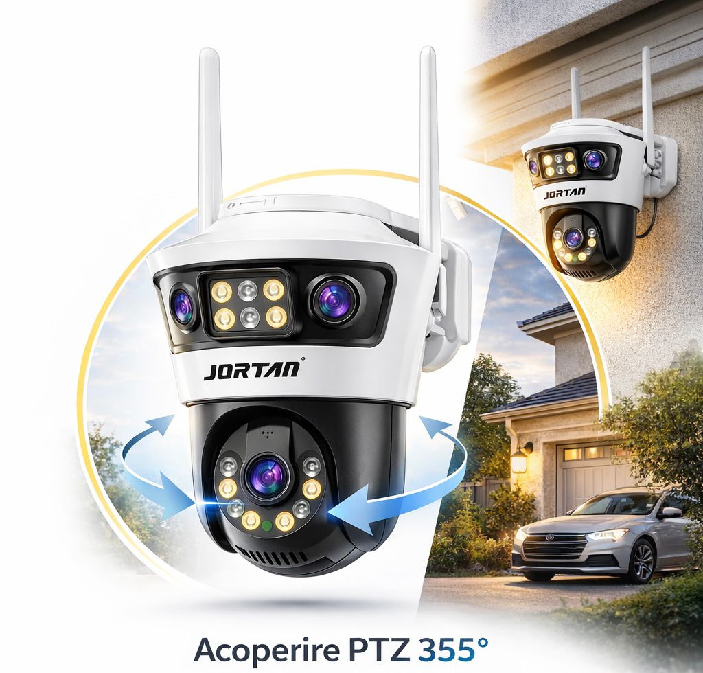 Camera de Supraveghere WiFi Jortan 6, 9MP, PTZ 355°, IP66, Vedere Nocturna Color, Senzor PIR, Audio Bidirectional, Aplicatie Yoosee, Card MicroSD 32GB Inclus