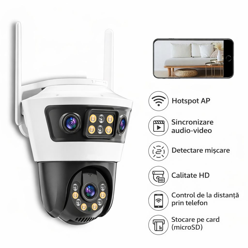 Camera de Supraveghere WiFi Jortan 6, 9MP, PTZ 355°, IP66, Vedere Nocturna Color, Senzor PIR, Audio Bidirectional, Aplicatie Yoosee, Card MicroSD 32GB Inclus
