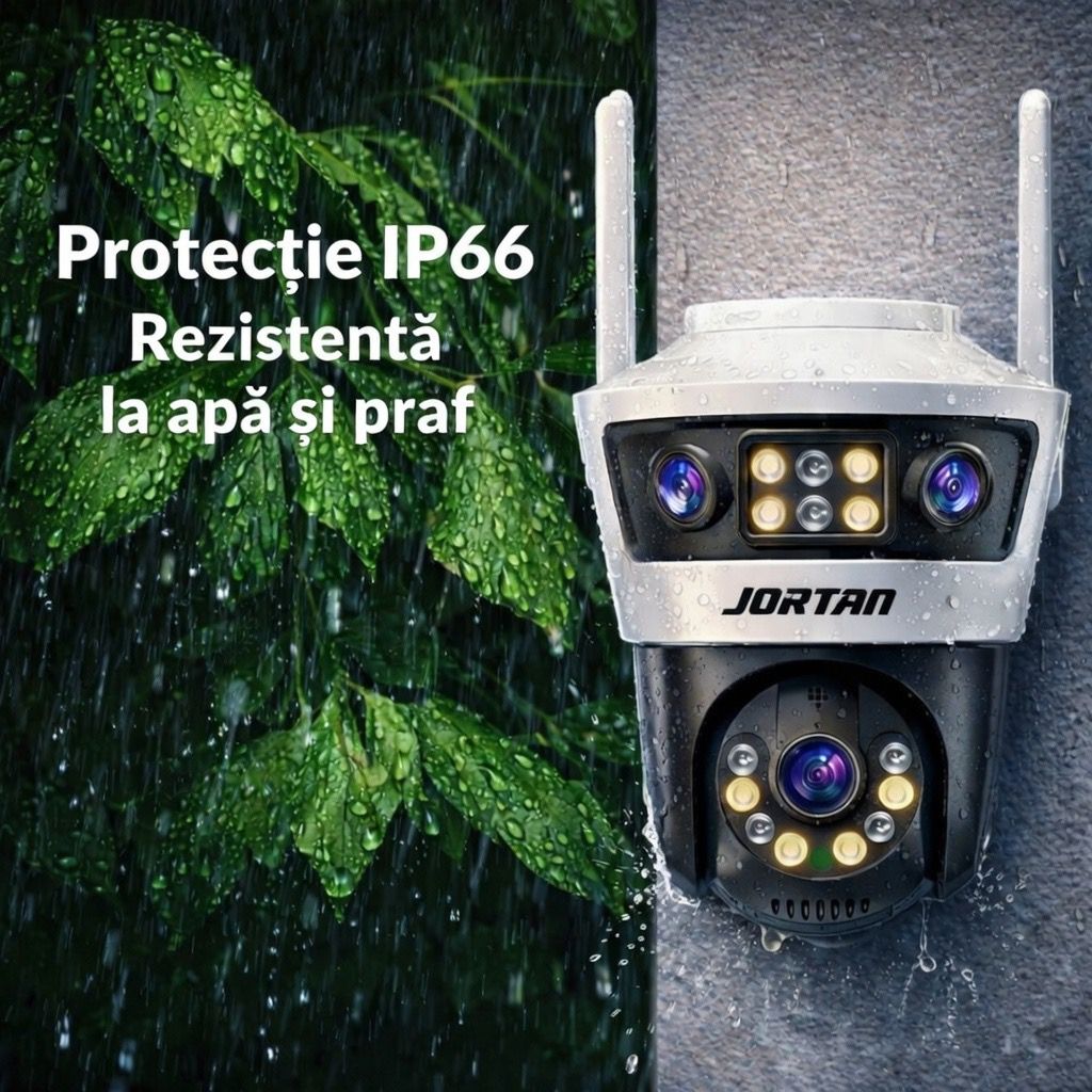 Camera de Supraveghere WiFi Jortan 6, 9MP, PTZ 355°, IP66, Vedere Nocturna Color, Senzor PIR, Audio Bidirectional, Aplicatie Yoosee, Card MicroSD 32GB Inclus