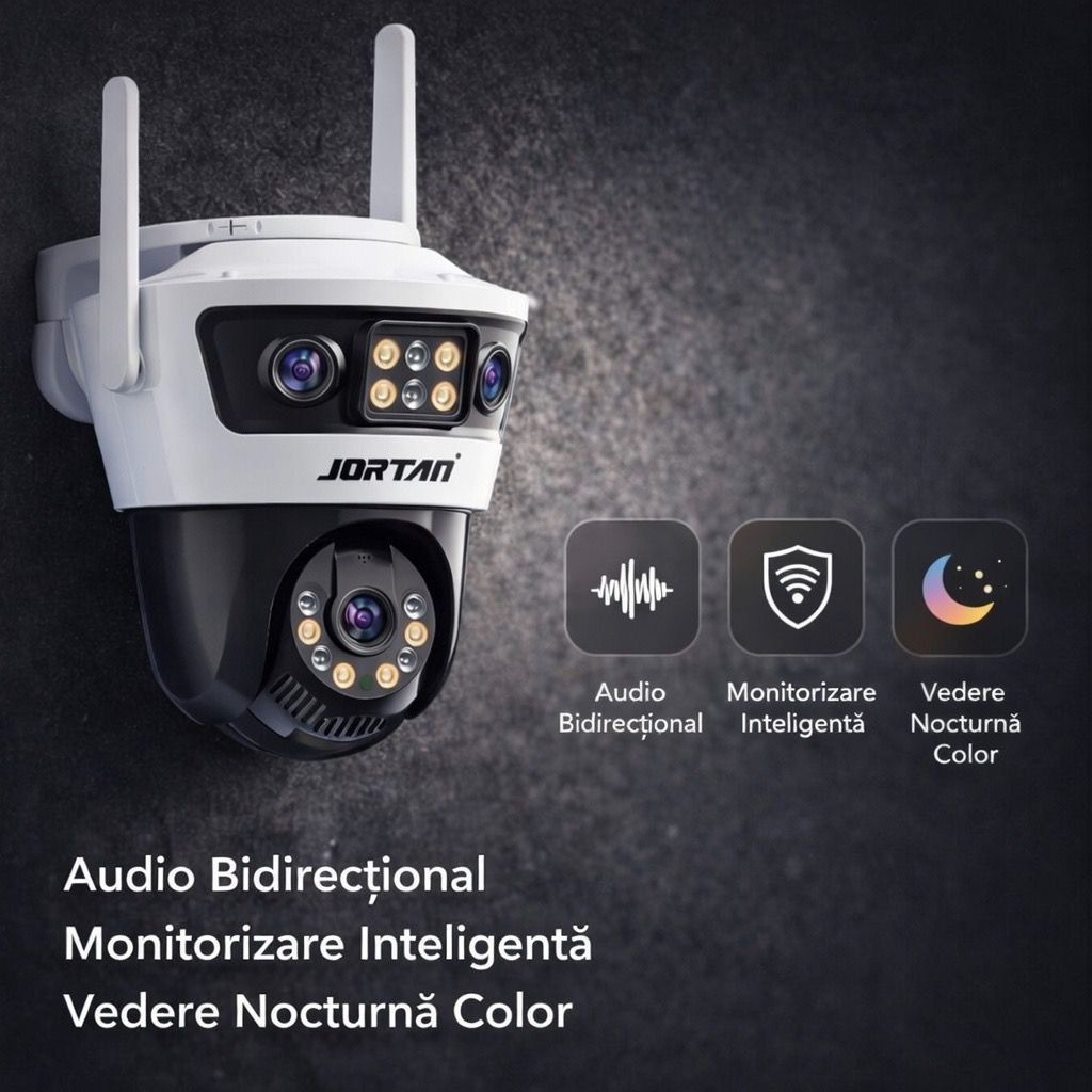Camera de Supraveghere WiFi Jortan 6, 9MP, PTZ 355°, IP66, Vedere Nocturna Color, Senzor PIR, Audio Bidirectional, Aplicatie Yoosee, Card MicroSD 32GB Inclus