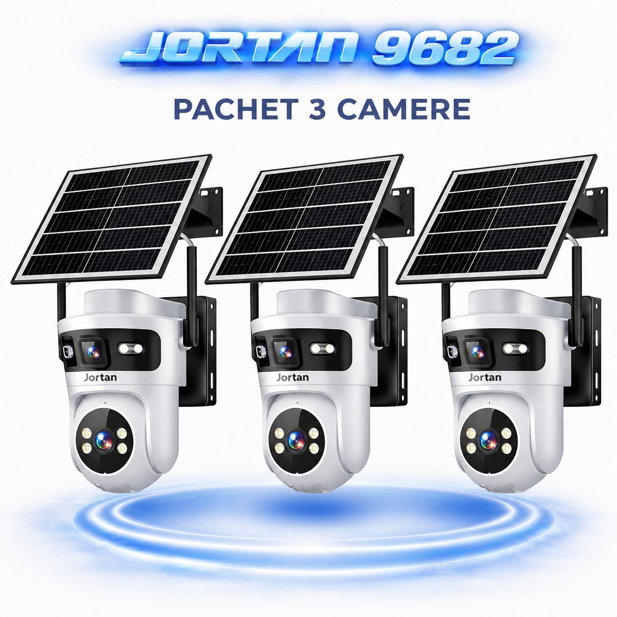 Pachet 3 Camere Solare 4G Jortan 9682, 6MP Dual Lens, PTZ 360°, Full Color Noapte, Panou Solar Mare, Exterior IP66, Audio Bidirectional, Slot SIM, 3 Carduri MicroSD 32GB Inclus