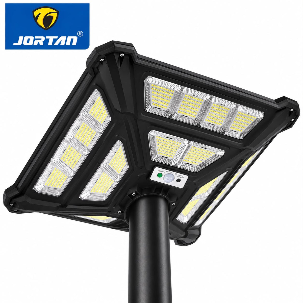 Lampa Solara Stradala Thunder God 1000W JORTAN, LED SMD Ultra Puternic, Iluminare Multidirectionala, Senzor PIR Miscare 120°, Detectie 8m, Panou Solar Integrat, Telecomanda Wireless, IP66, Suport Montaj Inclus, Curte, Gradina, Alee, Parcare
