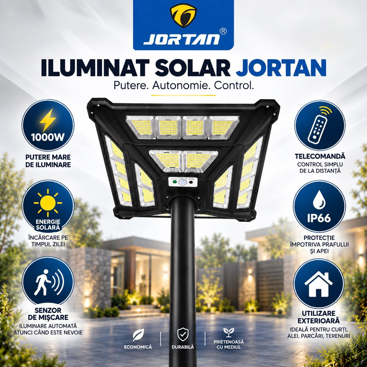 Lampa Solara Stradala Thunder God 1000W JORTAN, LED SMD Ultra Puternic, Iluminare Multidirectionala, Senzor PIR Miscare 120°, Detectie 8m, Panou Solar Integrat, Telecomanda Wireless, IP66, Suport Montaj Inclus, Curte, Gradina, Alee, Parcare