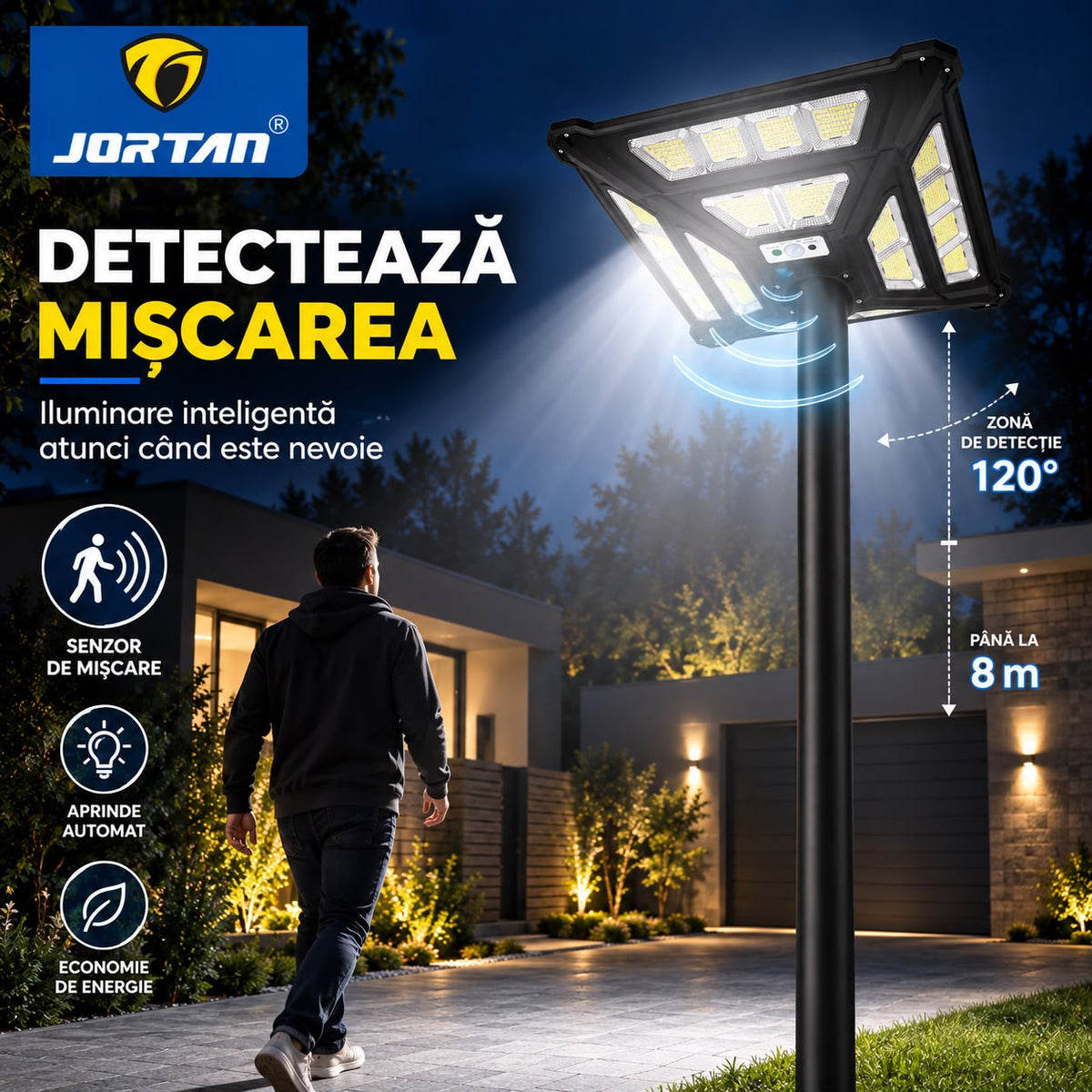Lampa Solara Stradala Thunder God 1000W JORTAN, LED SMD Ultra Puternic, Iluminare Multidirectionala, Senzor PIR Miscare 120°, Detectie 8m, Panou Solar Integrat, Telecomanda Wireless, IP66, Suport Montaj Inclus, Curte, Gradina, Alee, Parcare