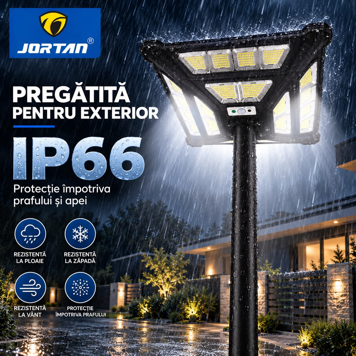 Lampa Solara Stradala Thunder God 1000W JORTAN, LED SMD Ultra Puternic, Iluminare Multidirectionala, Senzor PIR Miscare 120°, Detectie 8m, Panou Solar Integrat, Telecomanda Wireless, IP66, Suport Montaj Inclus, Curte, Gradina, Alee, Parcare