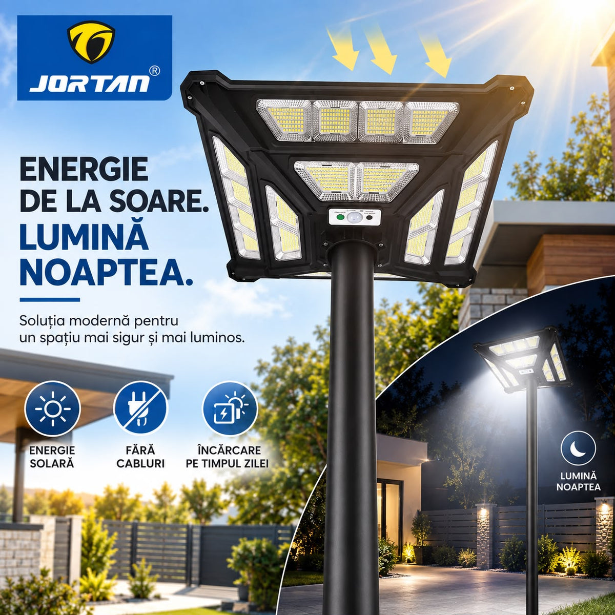 Lampa Solara Stradala Thunder God 1000W JORTAN, LED SMD Ultra Puternic, Iluminare Multidirectionala, Senzor PIR Miscare 120°, Detectie 8m, Panou Solar Integrat, Telecomanda Wireless, IP66, Suport Montaj Inclus, Curte, Gradina, Alee, Parcare