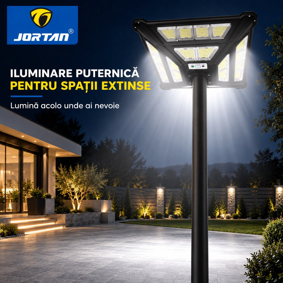 Lampa Solara Stradala Thunder God 1000W JORTAN, LED SMD Ultra Puternic, Iluminare Multidirectionala, Senzor PIR Miscare 120°, Detectie 8m, Panou Solar Integrat, Telecomanda Wireless, IP66, Suport Montaj Inclus, Curte, Gradina, Alee, Parcare