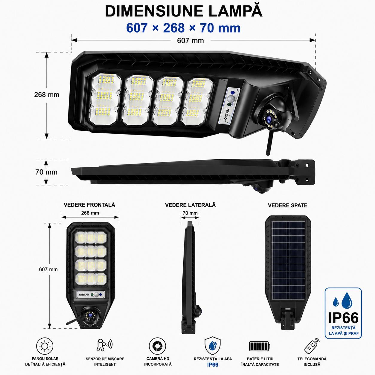 Lampă Solara Stradala cu Camera 4G 400W JORTAN, Camera PTZ 3MP, 12 Cadrane LED, Baterie 20000 mAh, Telecomanda Wireless, Senzor de Miscare PIR, Control ICSEE, Autonomie 12-14h, Protectie IP66