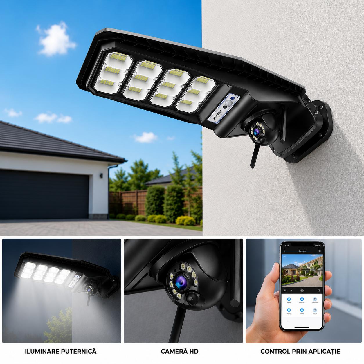 Lampă Solara Stradala cu Camera 4G 400W JORTAN, Camera PTZ 3MP, 12 Cadrane LED, Baterie 20000 mAh, Telecomanda Wireless, Senzor de Miscare PIR, Control ICSEE, Autonomie 12-14h, Protectie IP66