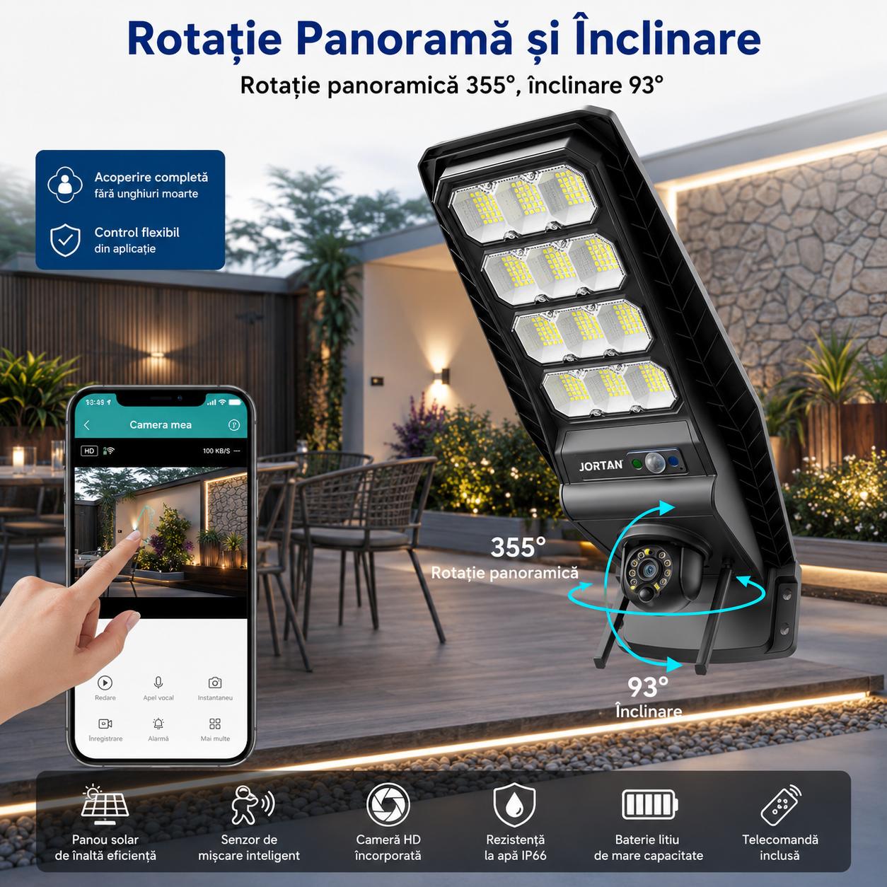 Lampă Solara Stradala cu Camera 4G 400W JORTAN, Camera PTZ 3MP, 12 Cadrane LED, Baterie 20000 mAh, Telecomanda Wireless, Senzor de Miscare PIR, Control ICSEE, Autonomie 12-14h, Protectie IP66