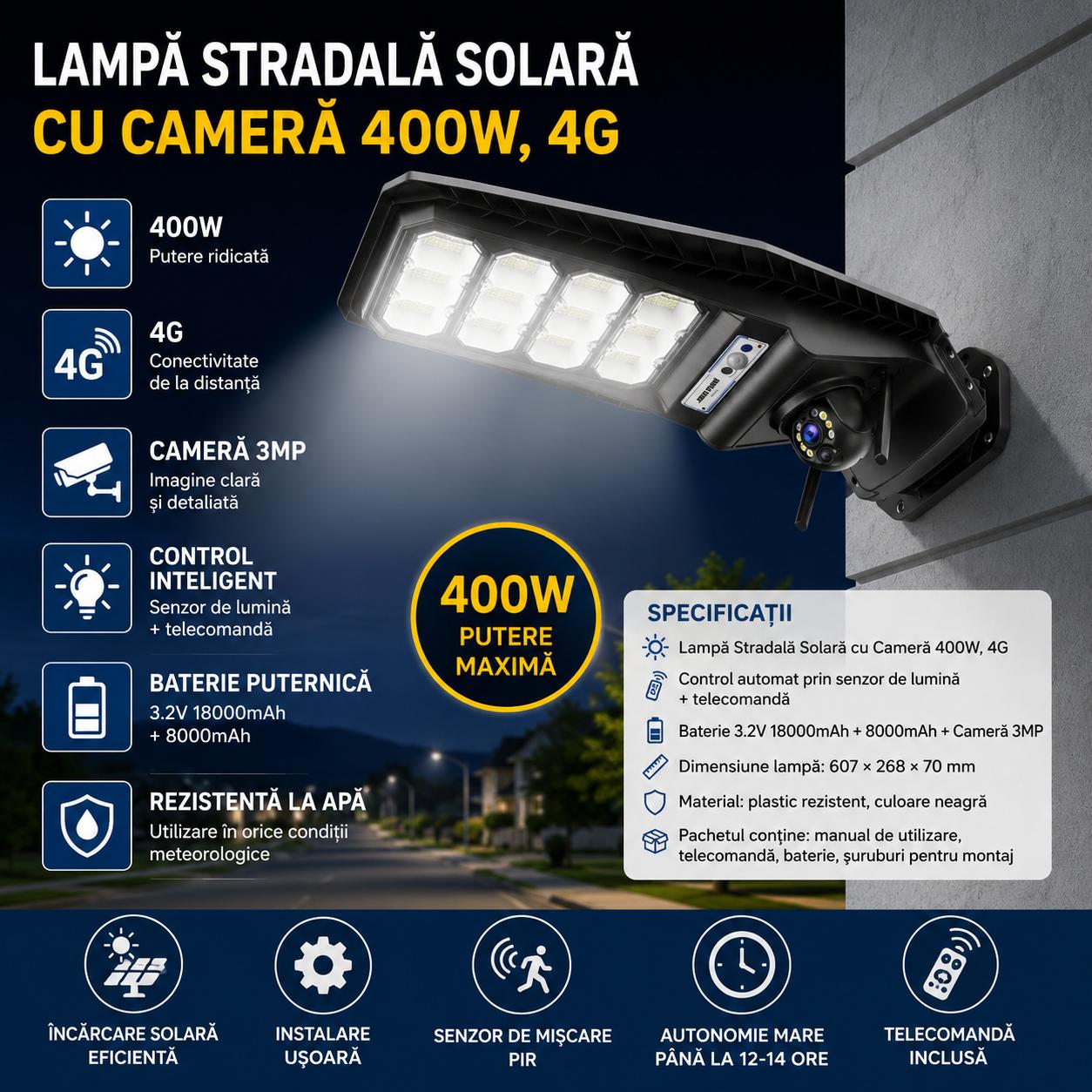 Lampă Solara Stradala cu Camera 4G 400W JORTAN, Camera PTZ 3MP, 12 Cadrane LED, Baterie 20000 mAh, Telecomanda Wireless, Senzor de Miscare PIR, Control ICSEE, Autonomie 12-14h, Protectie IP66