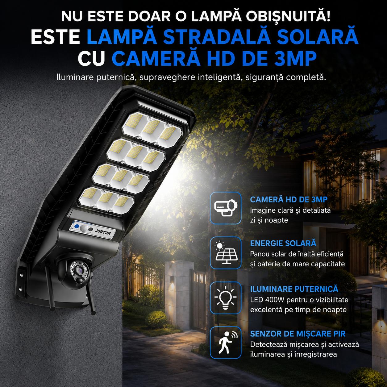 Lampă Solara Stradala cu Camera 4G 400W JORTAN, Camera PTZ 3MP, 12 Cadrane LED, Baterie 20000 mAh, Telecomanda Wireless, Senzor de Miscare PIR, Control ICSEE, Autonomie 12-14h, Protectie IP66