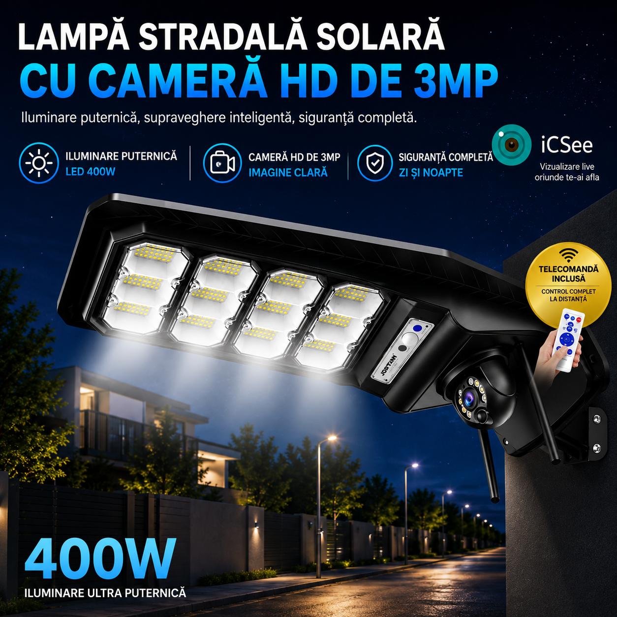 Lampă Solara Stradala cu Camera 4G 400W JORTAN, Camera PTZ 3MP, 12 Cadrane LED, Baterie 20000 mAh, Telecomanda Wireless, Senzor de Miscare PIR, Control ICSEE, Autonomie 12-14h, Protectie IP66