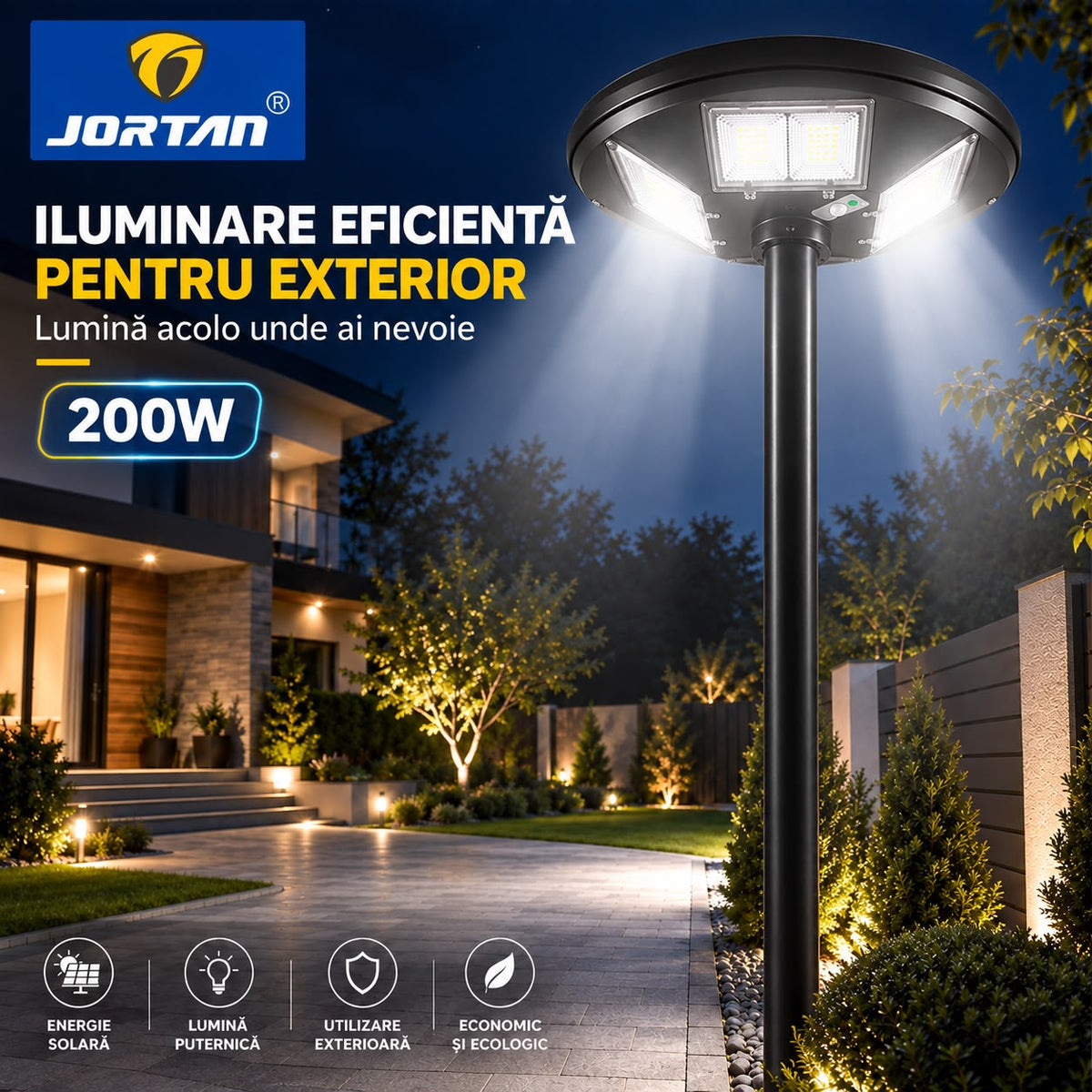 Lampa Solara Stradala Garden 200W JORTAN, LED SMD Iluminare Multidirectionala, Senzor PIR de Miscare, Panou Solar Integrat, Telecomanda Wireless, Protectie IP66, Suport Montaj Inclus, Curte, Gradina, Alee, Parcare