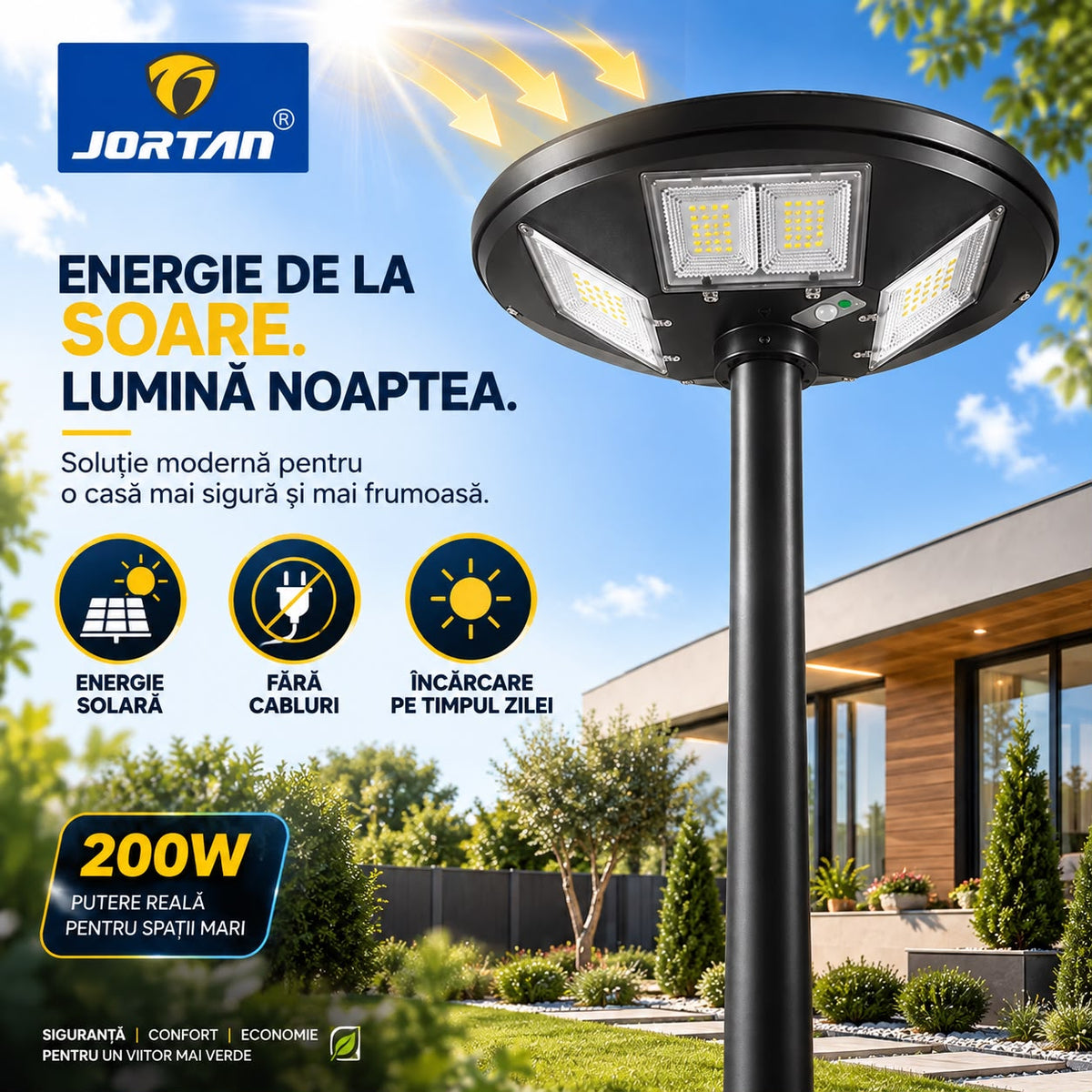 Lampa Solara Stradala Garden 200W JORTAN, LED SMD Iluminare Multidirectionala, Senzor PIR de Miscare, Panou Solar Integrat, Telecomanda Wireless, Protectie IP66, Suport Montaj Inclus, Curte, Gradina, Alee, Parcare