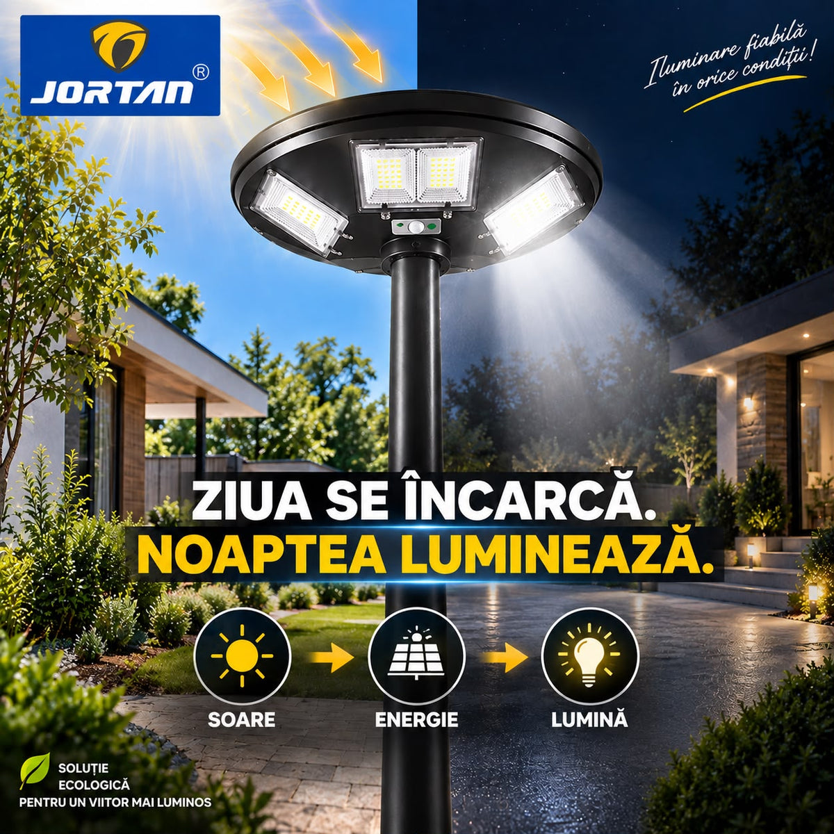 Lampa Solara Stradala Garden 200W JORTAN, LED SMD Iluminare Multidirectionala, Senzor PIR de Miscare, Panou Solar Integrat, Telecomanda Wireless, Protectie IP66, Suport Montaj Inclus, Curte, Gradina, Alee, Parcare