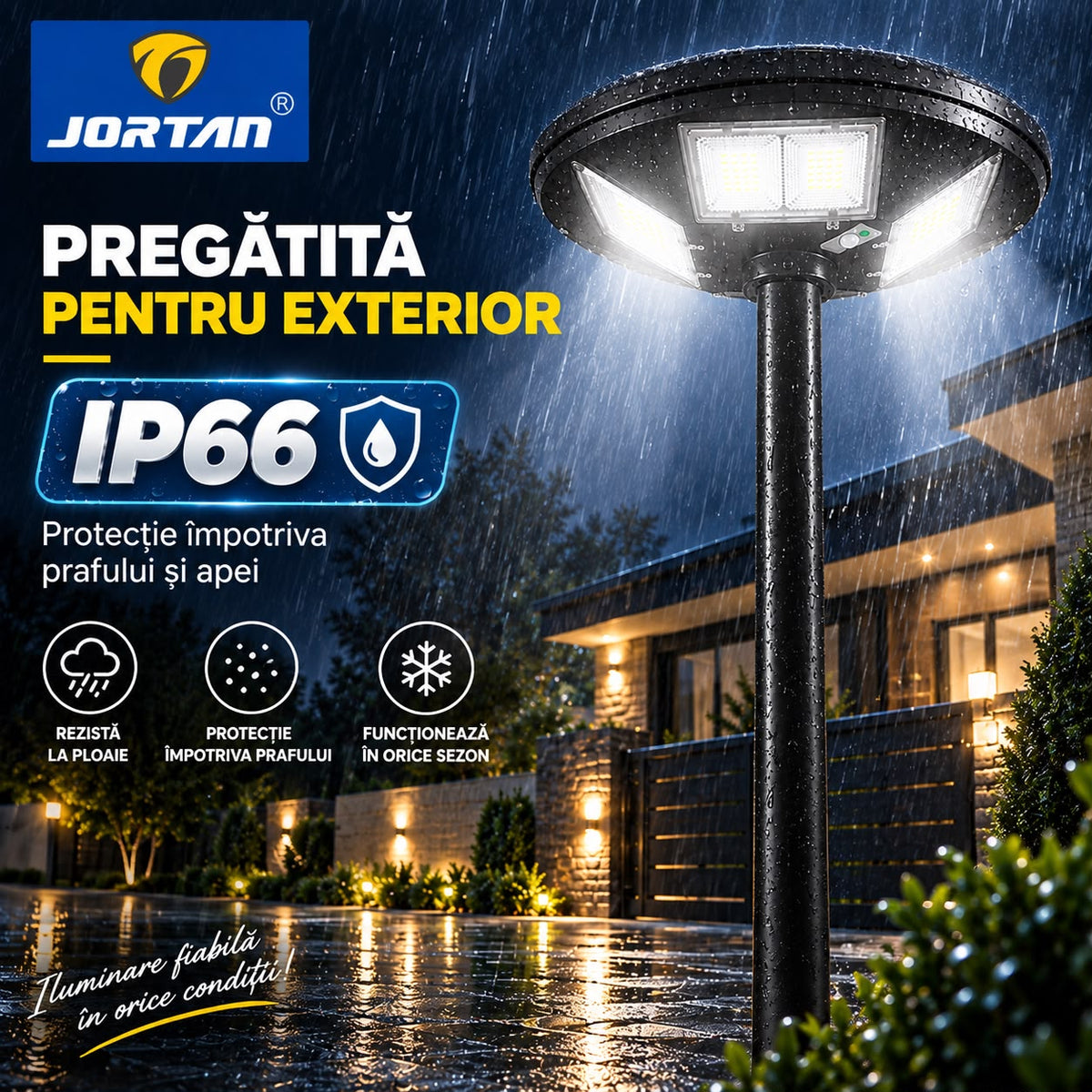 Lampa Solara Stradala Garden 200W JORTAN, LED SMD Iluminare Multidirectionala, Senzor PIR de Miscare, Panou Solar Integrat, Telecomanda Wireless, Protectie IP66, Suport Montaj Inclus, Curte, Gradina, Alee, Parcare