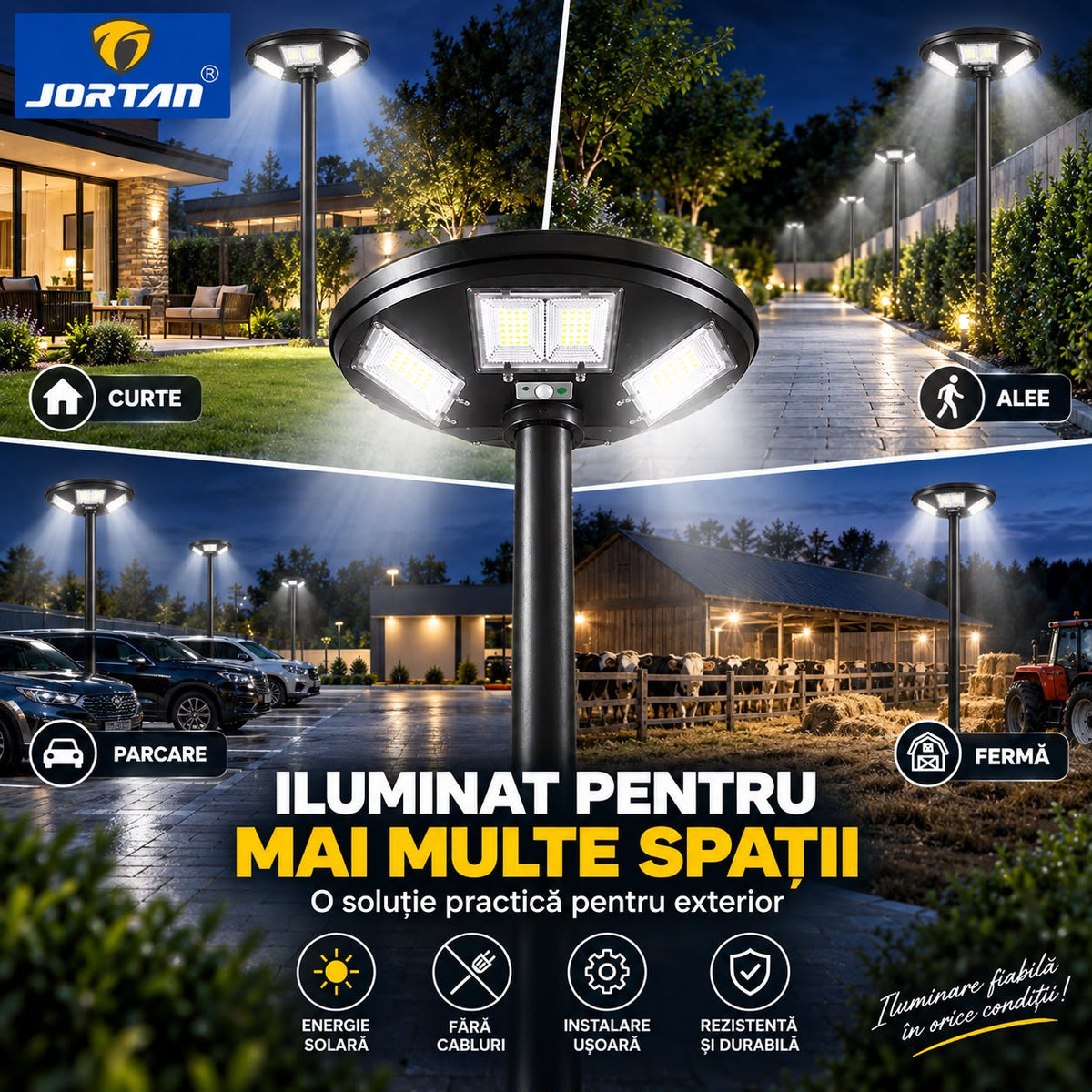 Lampa Solara Stradala Garden 200W JORTAN, LED SMD Iluminare Multidirectionala, Senzor PIR de Miscare, Panou Solar Integrat, Telecomanda Wireless, Protectie IP66, Suport Montaj Inclus, Curte, Gradina, Alee, Parcare