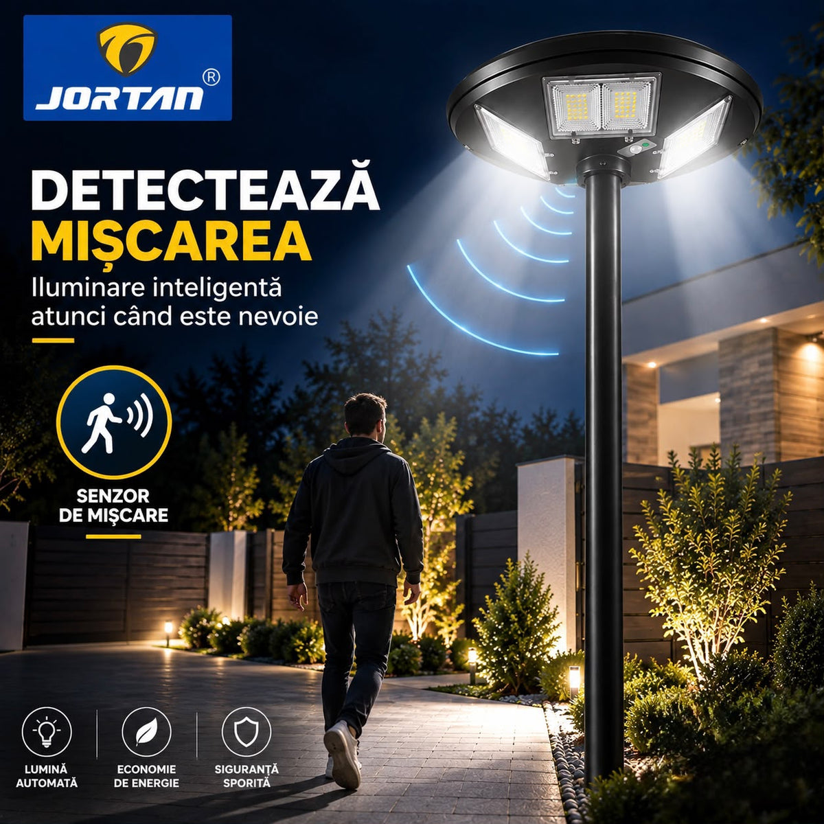 Lampa Solara Stradala Garden 200W JORTAN, LED SMD Iluminare Multidirectionala, Senzor PIR de Miscare, Panou Solar Integrat, Telecomanda Wireless, Protectie IP66, Suport Montaj Inclus, Curte, Gradina, Alee, Parcare