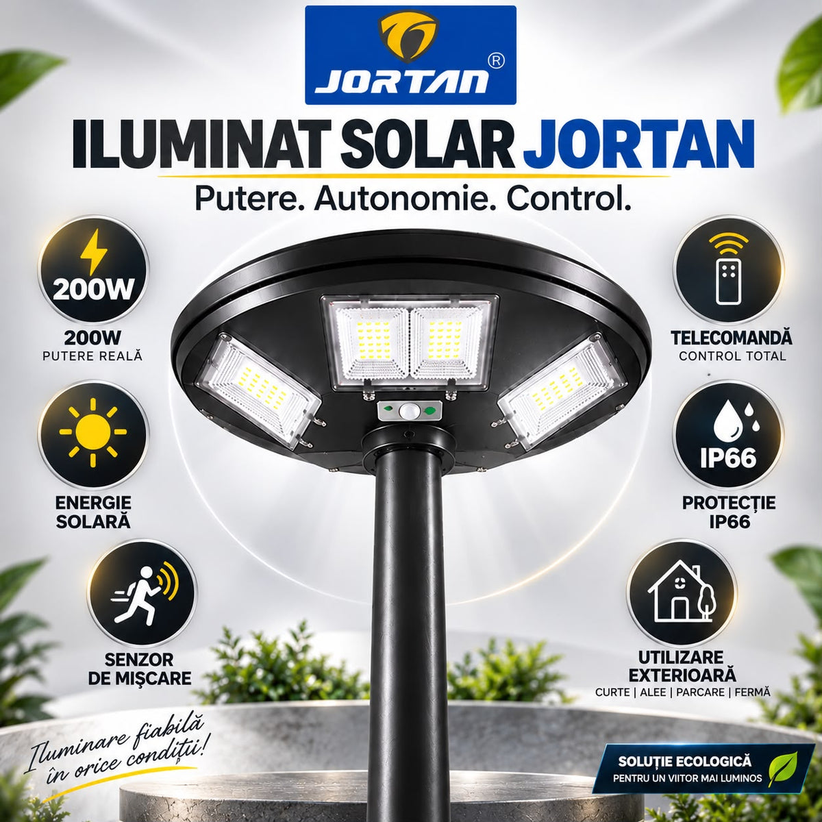Lampa Solara Stradala Garden 200W JORTAN, LED SMD Iluminare Multidirectionala, Senzor PIR de Miscare, Panou Solar Integrat, Telecomanda Wireless, Protectie IP66, Suport Montaj Inclus, Curte, Gradina, Alee, Parcare