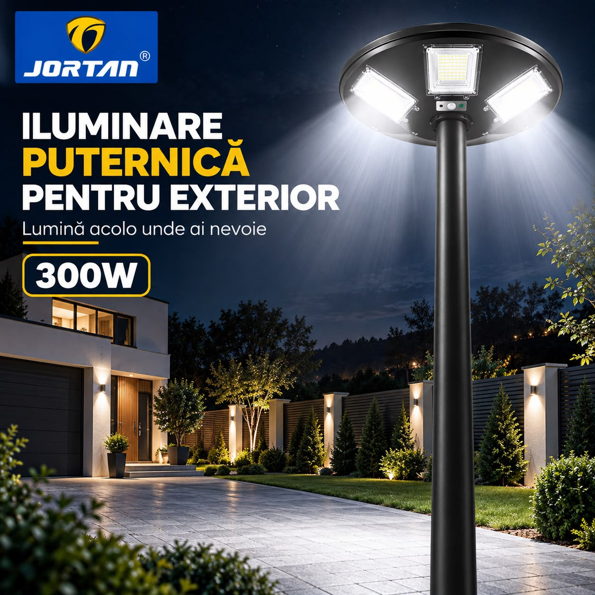 Lampa Solara Stradala Garden 300W JORTAN, LED SMD Iluminare Multidirectionala, Senzor PIR Miscare, Panou Solar Integrat, Telecomanda Wireless, Protectie IP66, Suport Montaj Inclus, Curte, Gradina, Alee, Parcare