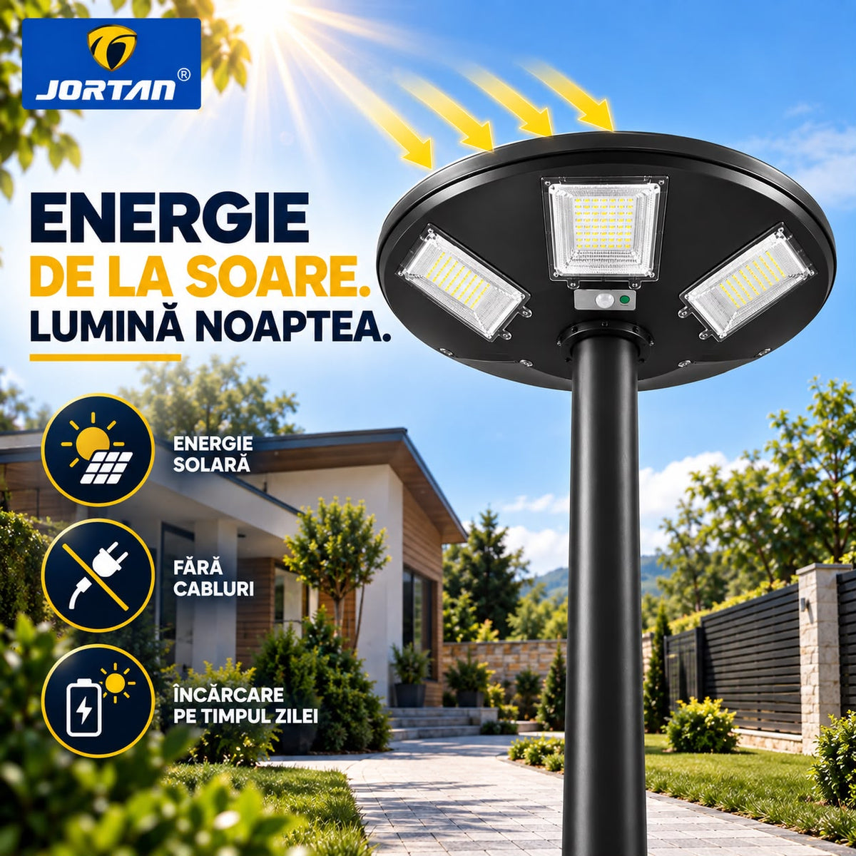 Lampa Solara Stradala Garden 300W JORTAN, LED SMD Iluminare Multidirectionala, Senzor PIR Miscare, Panou Solar Integrat, Telecomanda Wireless, Protectie IP66, Suport Montaj Inclus, Curte, Gradina, Alee, Parcare