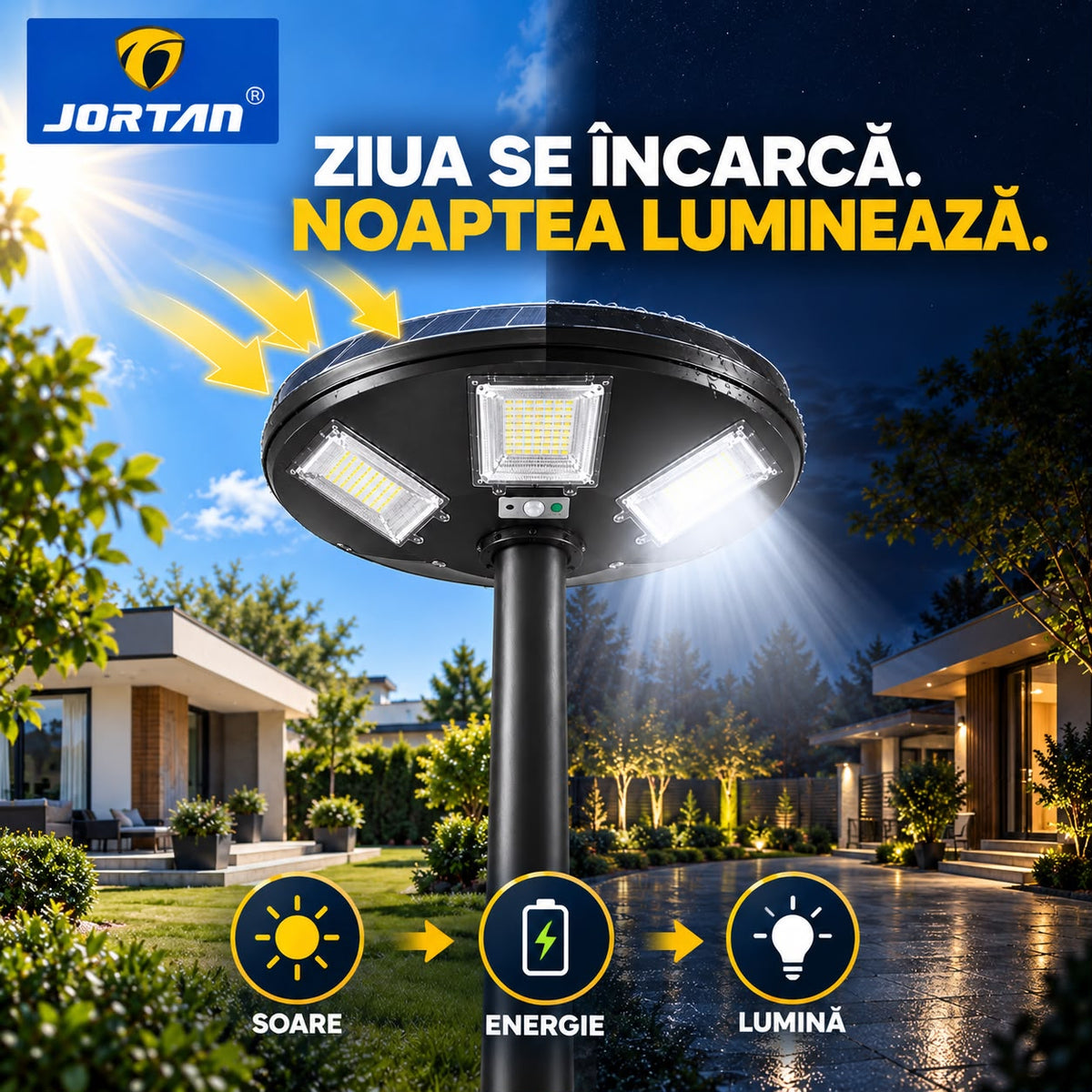 Lampa Solara Stradala Garden 300W JORTAN, LED SMD Iluminare Multidirectionala, Senzor PIR Miscare, Panou Solar Integrat, Telecomanda Wireless, Protectie IP66, Suport Montaj Inclus, Curte, Gradina, Alee, Parcare
