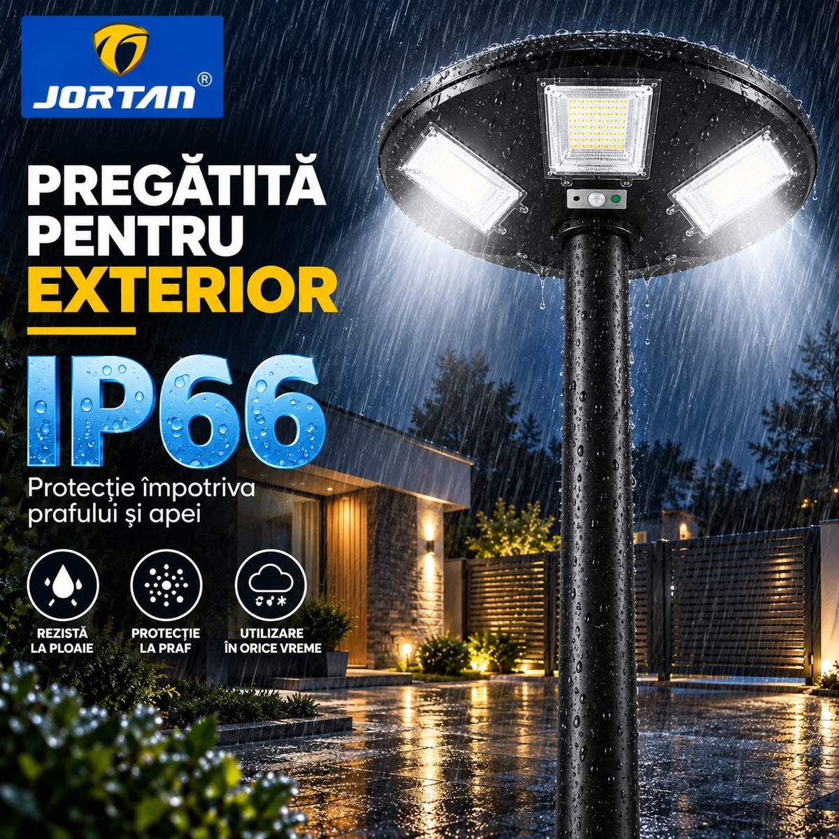 Lampa Solara Stradala Garden 300W JORTAN, LED SMD Iluminare Multidirectionala, Senzor PIR Miscare, Panou Solar Integrat, Telecomanda Wireless, Protectie IP66, Suport Montaj Inclus, Curte, Gradina, Alee, Parcare