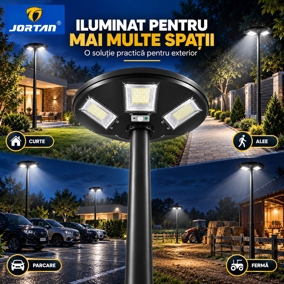 Lampa Solara Stradala Garden 300W JORTAN, LED SMD Iluminare Multidirectionala, Senzor PIR Miscare, Panou Solar Integrat, Telecomanda Wireless, Protectie IP66, Suport Montaj Inclus, Curte, Gradina, Alee, Parcare