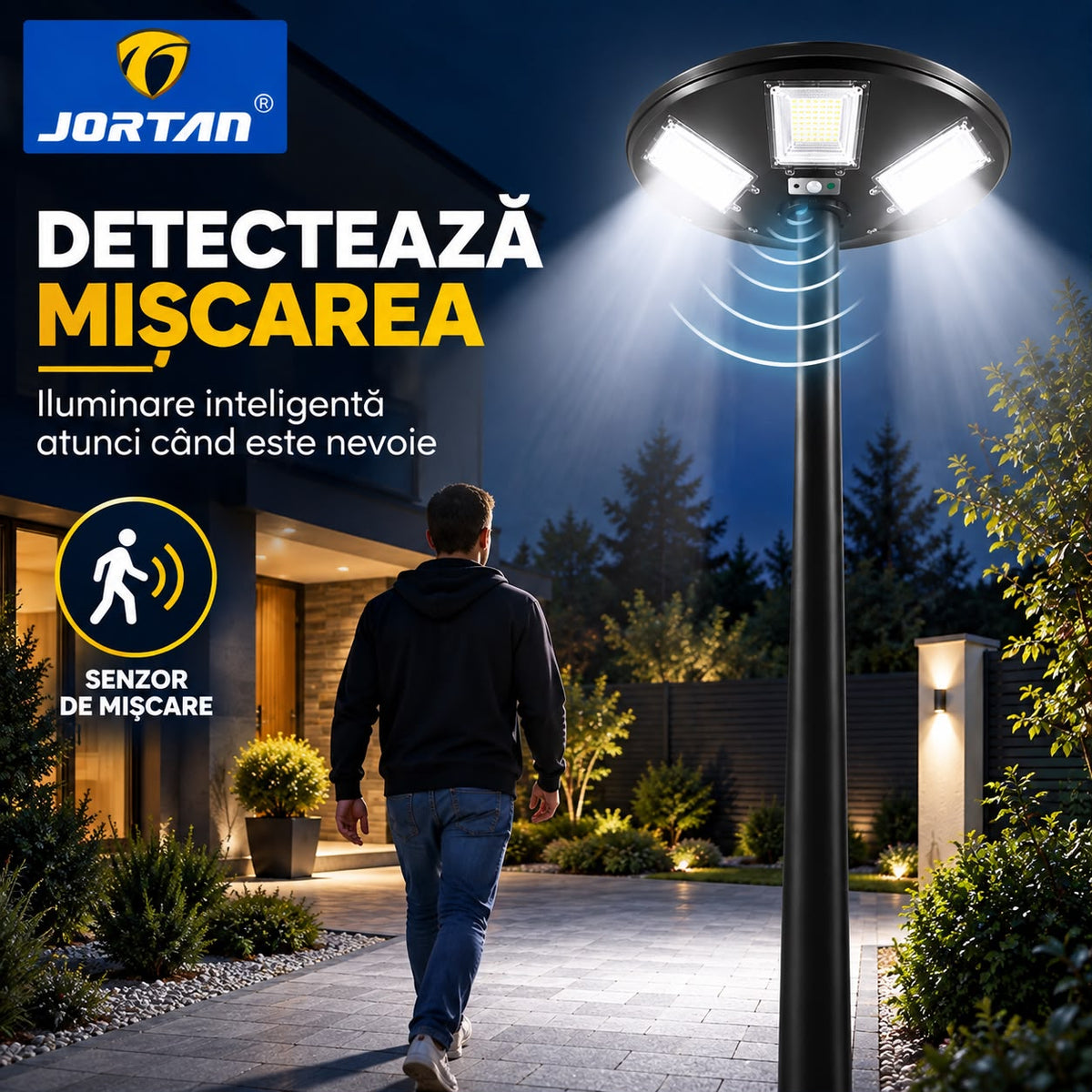 Lampa Solara Stradala Garden 300W JORTAN, LED SMD Iluminare Multidirectionala, Senzor PIR Miscare, Panou Solar Integrat, Telecomanda Wireless, Protectie IP66, Suport Montaj Inclus, Curte, Gradina, Alee, Parcare