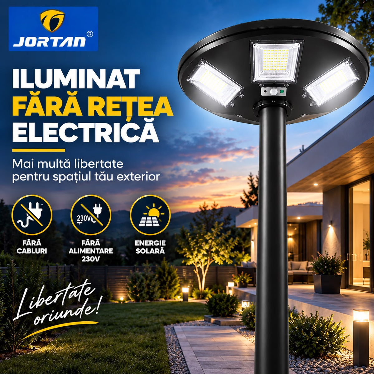 Lampa Solara Stradala Garden 300W JORTAN, LED SMD Iluminare Multidirectionala, Senzor PIR Miscare, Panou Solar Integrat, Telecomanda Wireless, Protectie IP66, Suport Montaj Inclus, Curte, Gradina, Alee, Parcare