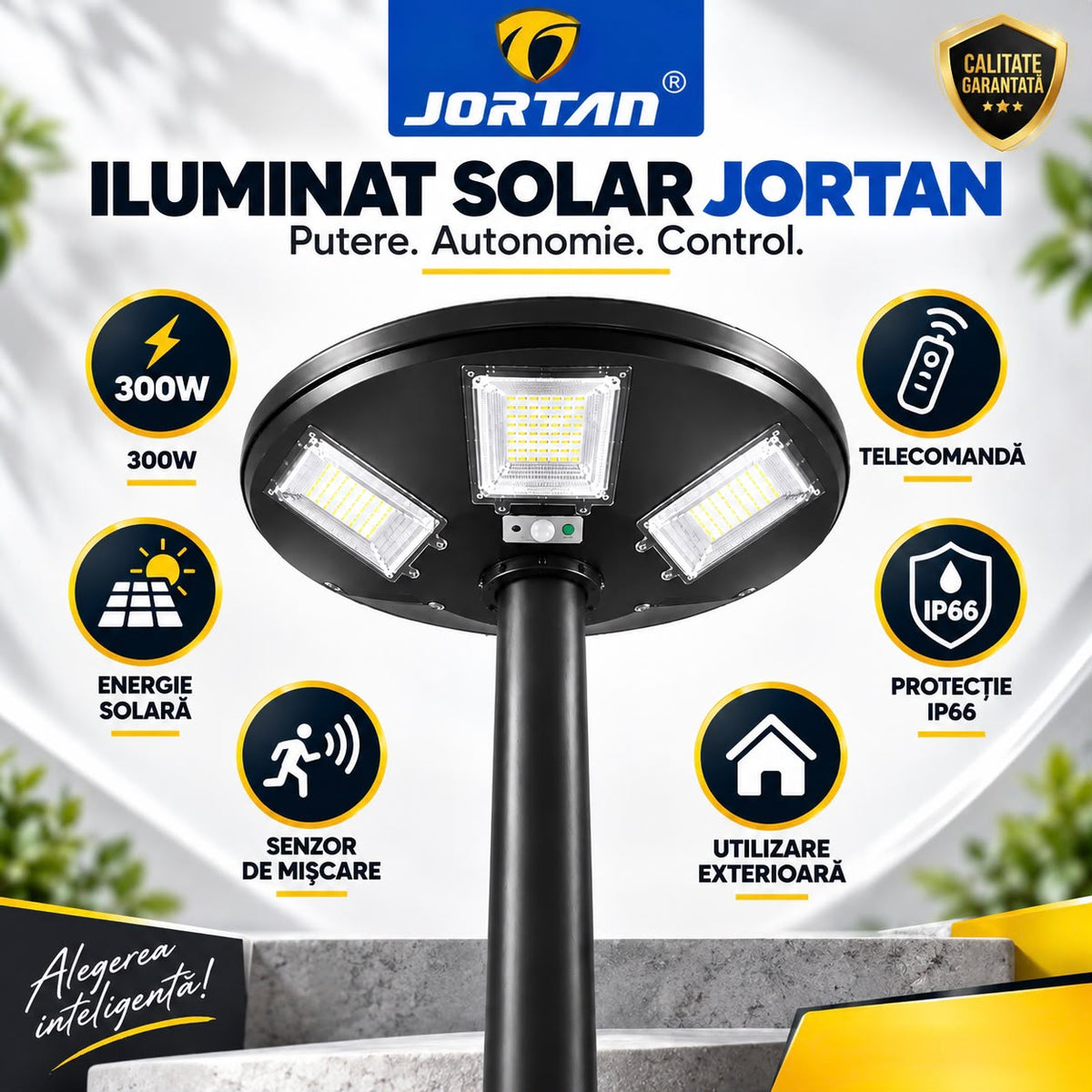 Lampa Solara Stradala Garden 300W JORTAN, LED SMD Iluminare Multidirectionala, Senzor PIR Miscare, Panou Solar Integrat, Telecomanda Wireless, Protectie IP66, Suport Montaj Inclus, Curte, Gradina, Alee, Parcare