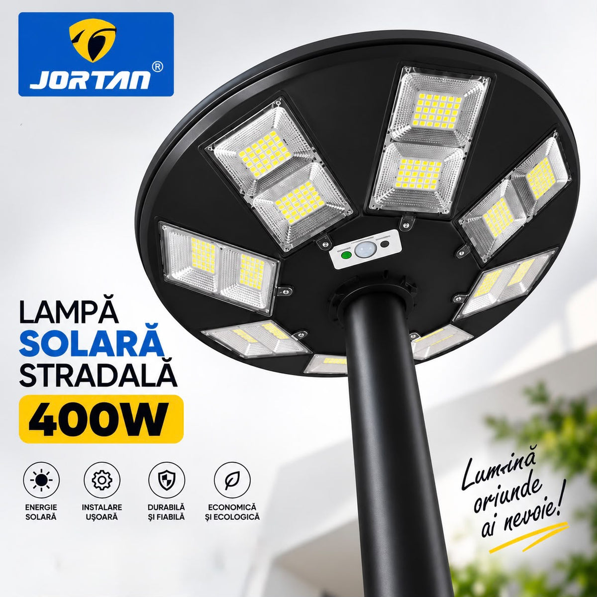 Lampa Solara Stradala Garden 400W JORTAN, LED SMD Iluminare Multidirectionala, Senzor PIR Miscare 120°, Detectie 6-8m, Panou Solar Integrat, Telecomanda Wireless, Protectie IP66, Suport Montaj Inclus, Curte, Gradina, Alee, Parcare