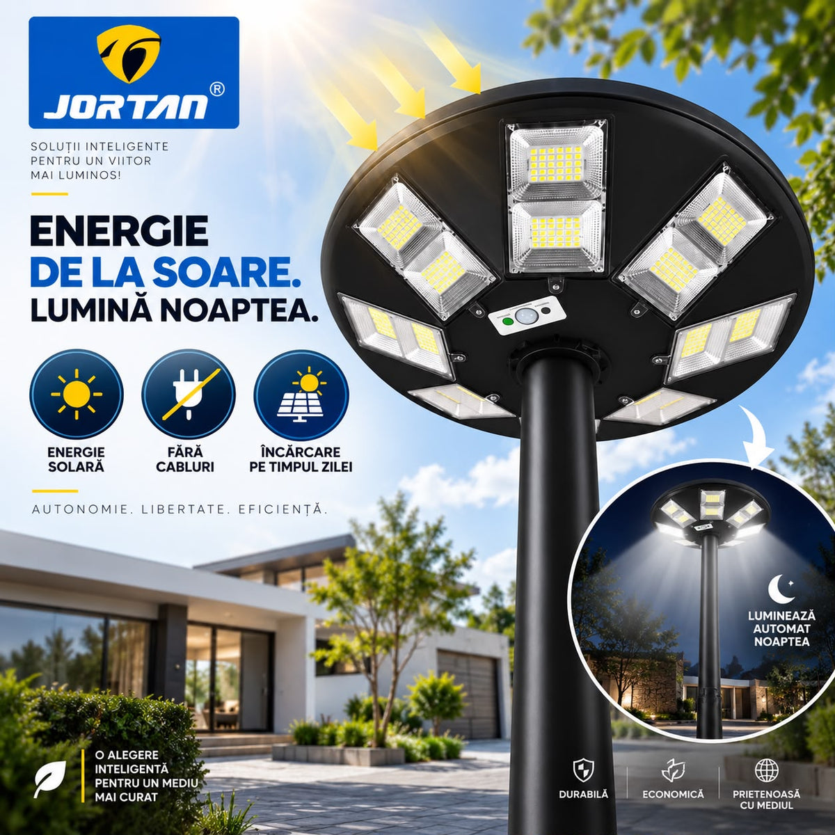 Lampa Solara Stradala Garden 400W JORTAN, LED SMD Iluminare Multidirectionala, Senzor PIR Miscare 120°, Detectie 6-8m, Panou Solar Integrat, Telecomanda Wireless, Protectie IP66, Suport Montaj Inclus, Curte, Gradina, Alee, Parcare