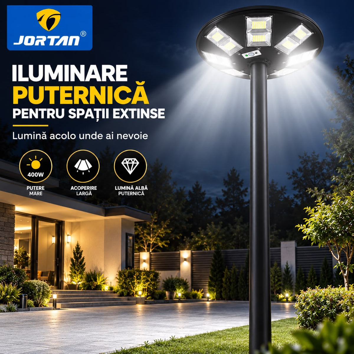 Lampa Solara Stradala Garden 400W JORTAN, LED SMD Iluminare Multidirectionala, Senzor PIR Miscare 120°, Detectie 6-8m, Panou Solar Integrat, Telecomanda Wireless, Protectie IP66, Suport Montaj Inclus, Curte, Gradina, Alee, Parcare