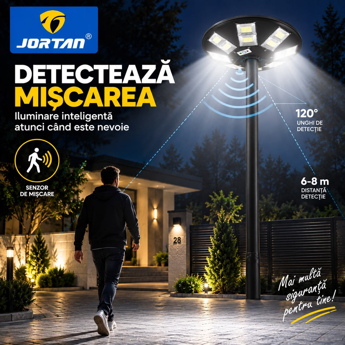 Lampa Solara Stradala Garden 400W JORTAN, LED SMD Iluminare Multidirectionala, Senzor PIR Miscare 120°, Detectie 6-8m, Panou Solar Integrat, Telecomanda Wireless, Protectie IP66, Suport Montaj Inclus, Curte, Gradina, Alee, Parcare