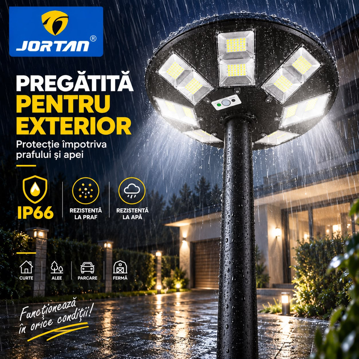 Lampa Solara Stradala Garden 400W JORTAN, LED SMD Iluminare Multidirectionala, Senzor PIR Miscare 120°, Detectie 6-8m, Panou Solar Integrat, Telecomanda Wireless, Protectie IP66, Suport Montaj Inclus, Curte, Gradina, Alee, Parcare