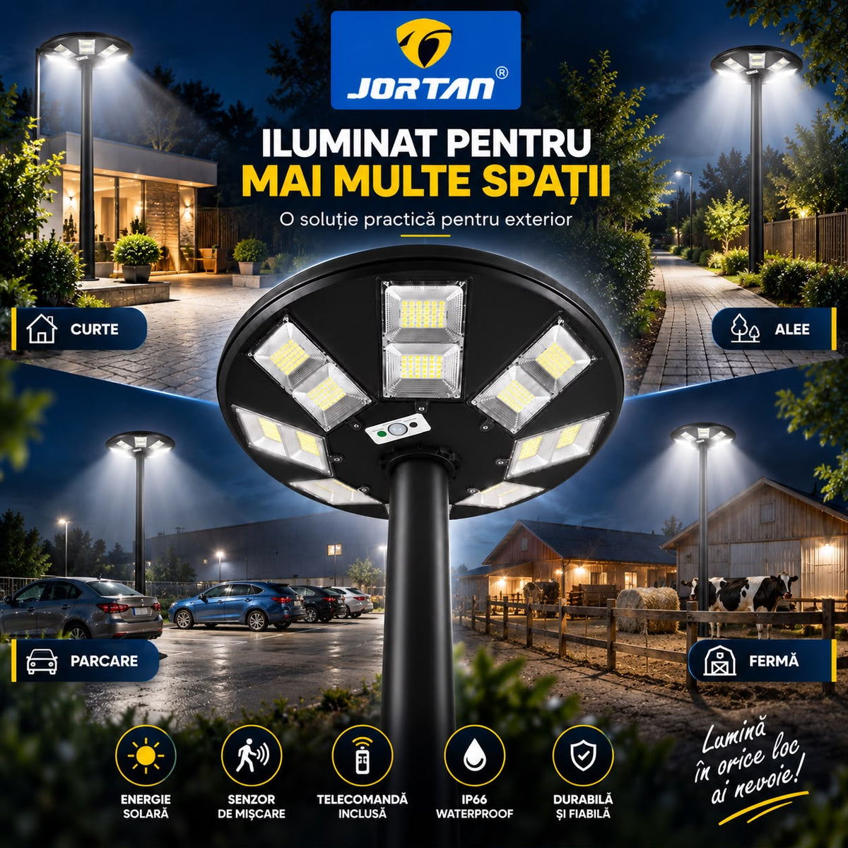 Lampa Solara Stradala Garden 400W JORTAN, LED SMD Iluminare Multidirectionala, Senzor PIR Miscare 120°, Detectie 6-8m, Panou Solar Integrat, Telecomanda Wireless, Protectie IP66, Suport Montaj Inclus, Curte, Gradina, Alee, Parcare