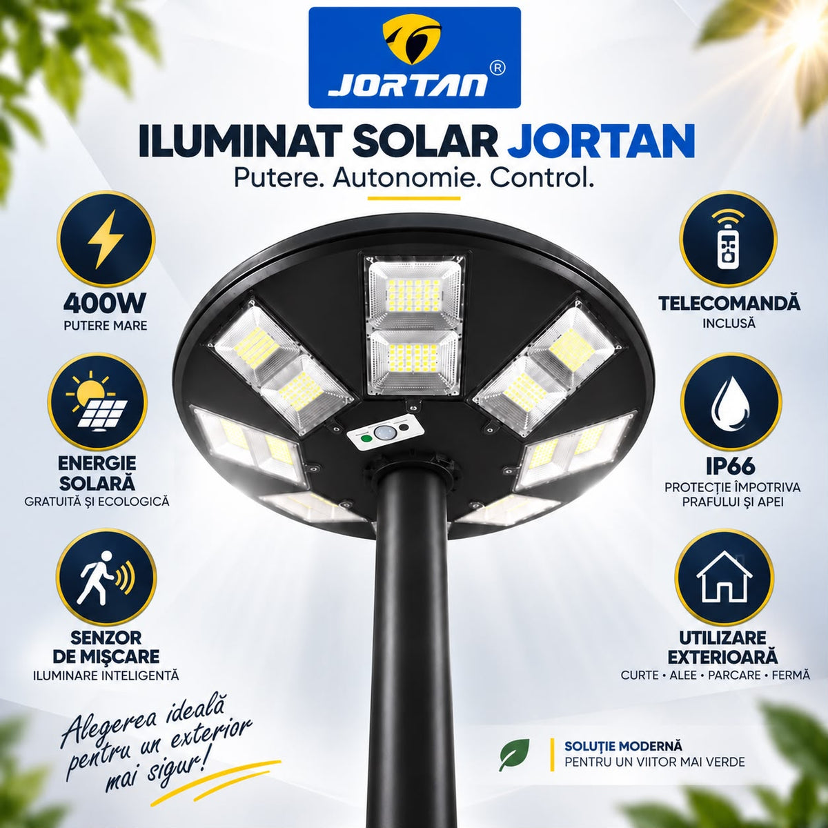 Lampa Solara Stradala Garden 400W JORTAN, LED SMD Iluminare Multidirectionala, Senzor PIR Miscare 120°, Detectie 6-8m, Panou Solar Integrat, Telecomanda Wireless, Protectie IP66, Suport Montaj Inclus, Curte, Gradina, Alee, Parcare