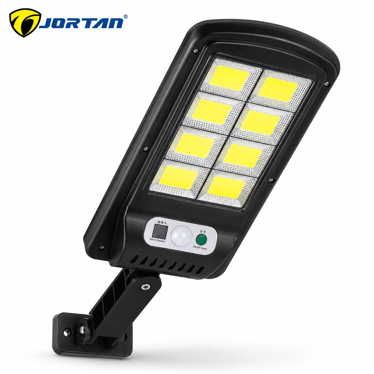 Lampa Solara de Perete JORTAN 100W, 8 LED COB, Iluminare Puternica, Senzor PIR de Miscare, Panou Solar Integrat, Telecomanda Wireless, 3 Moduri de Iluminare, Unghi Reglabil 180°, Acumulator 1500mAh, Suport Montaj Inclus