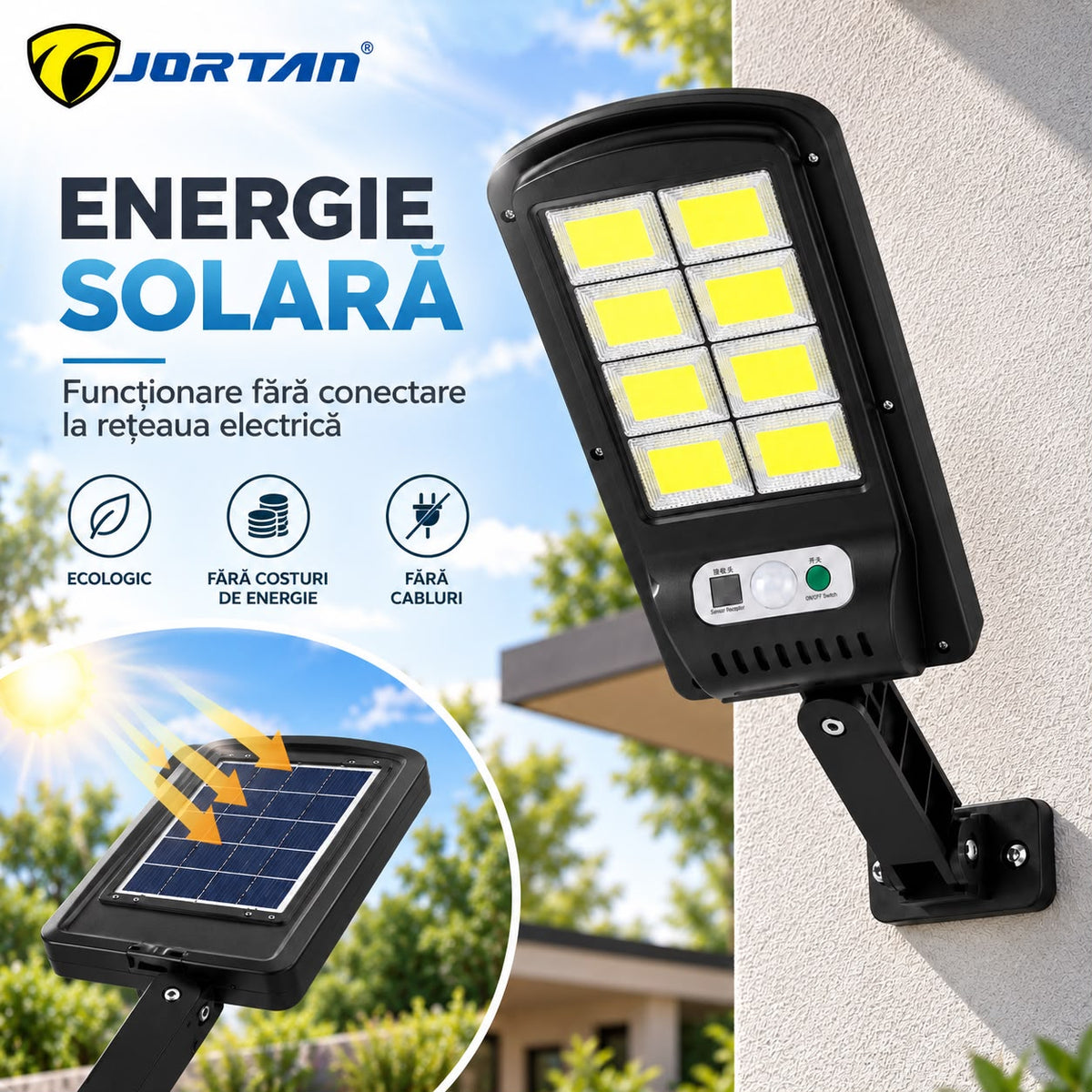 Lampa Solara de Perete JORTAN 100W, 8 LED COB, Iluminare Puternica, Senzor PIR de Miscare, Panou Solar Integrat, Telecomanda Wireless, 3 Moduri de Iluminare, Unghi Reglabil 180°, Acumulator 1500mAh, Suport Montaj Inclus