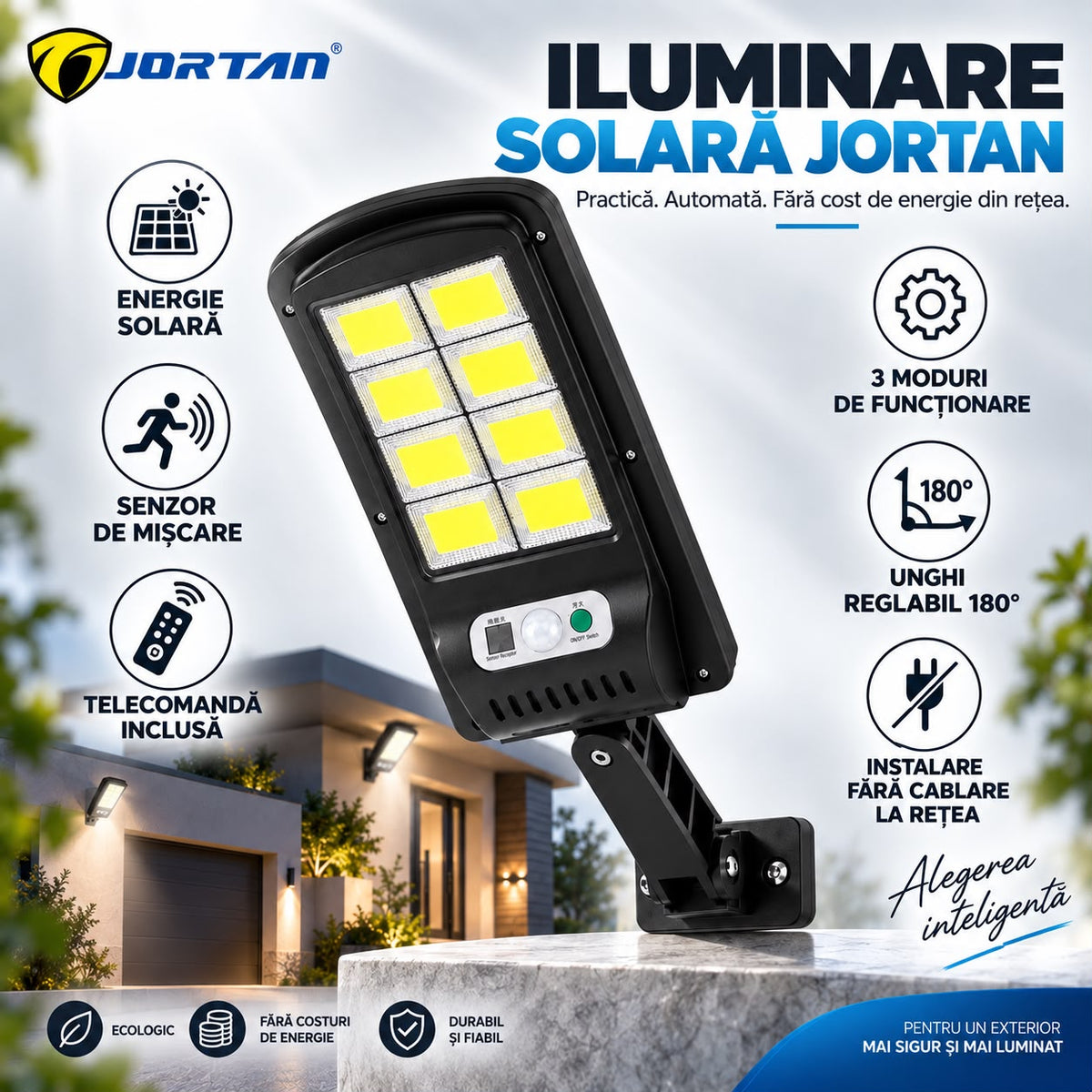 Lampa Solara de Perete JORTAN 100W, 8 LED COB, Iluminare Puternica, Senzor PIR de Miscare, Panou Solar Integrat, Telecomanda Wireless, 3 Moduri de Iluminare, Unghi Reglabil 180°, Acumulator 1500mAh, Suport Montaj Inclus