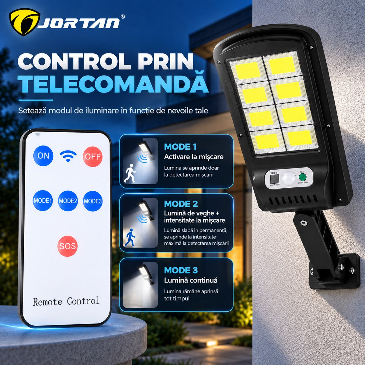 Lampa Solara de Perete JORTAN 100W, 8 LED COB, Iluminare Puternica, Senzor PIR de Miscare, Panou Solar Integrat, Telecomanda Wireless, 3 Moduri de Iluminare, Unghi Reglabil 180°, Acumulator 1500mAh, Suport Montaj Inclus