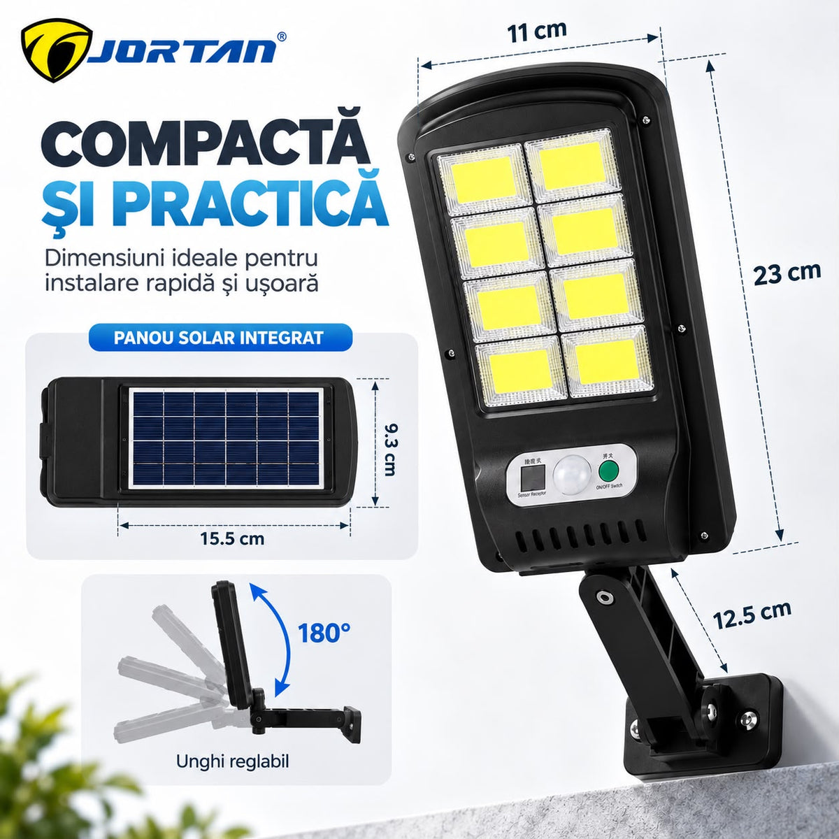 Lampa Solara de Perete JORTAN 100W, 8 LED COB, Iluminare Puternica, Senzor PIR de Miscare, Panou Solar Integrat, Telecomanda Wireless, 3 Moduri de Iluminare, Unghi Reglabil 180°, Acumulator 1500mAh, Suport Montaj Inclus