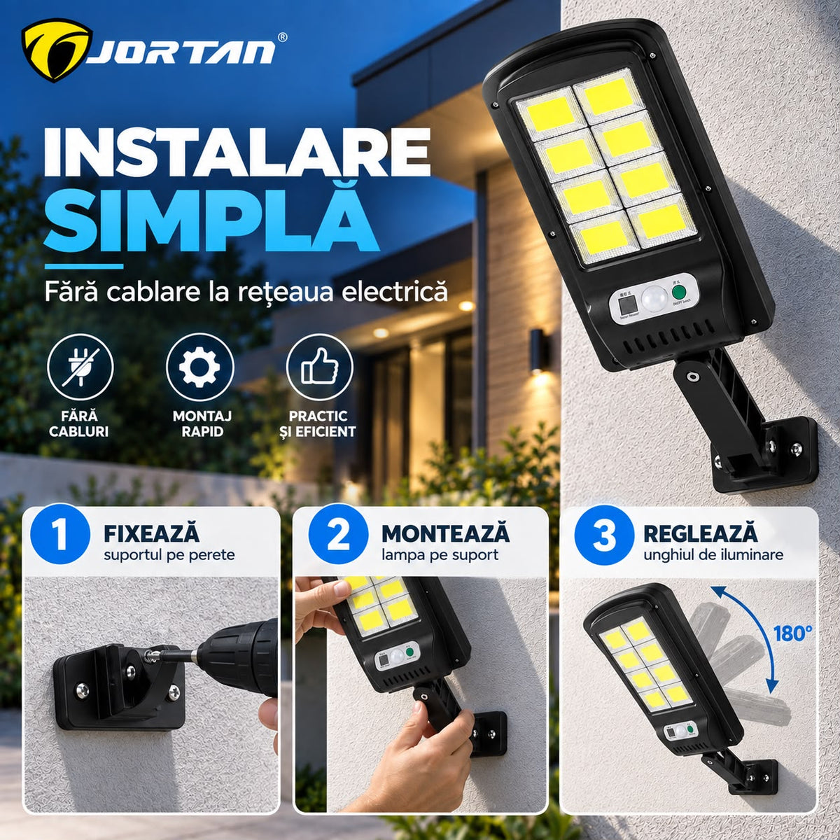 Lampa Solara de Perete JORTAN 100W, 8 LED COB, Iluminare Puternica, Senzor PIR de Miscare, Panou Solar Integrat, Telecomanda Wireless, 3 Moduri de Iluminare, Unghi Reglabil 180°, Acumulator 1500mAh, Suport Montaj Inclus