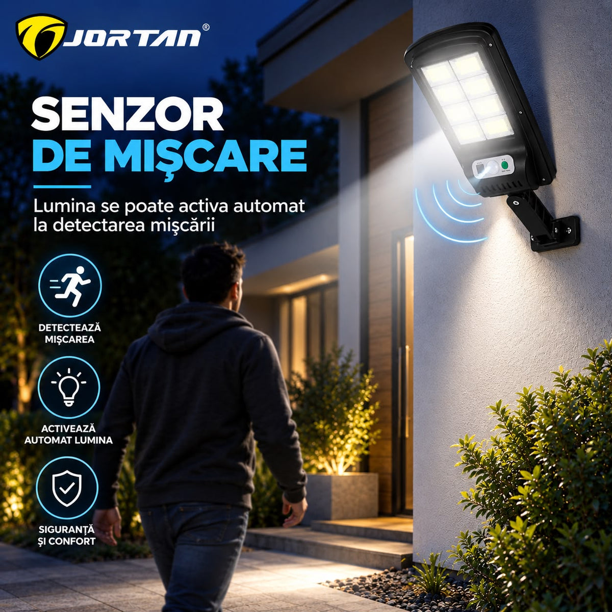 Lampa Solara de Perete JORTAN 100W, 8 LED COB, Iluminare Puternica, Senzor PIR de Miscare, Panou Solar Integrat, Telecomanda Wireless, 3 Moduri de Iluminare, Unghi Reglabil 180°, Acumulator 1500mAh, Suport Montaj Inclus
