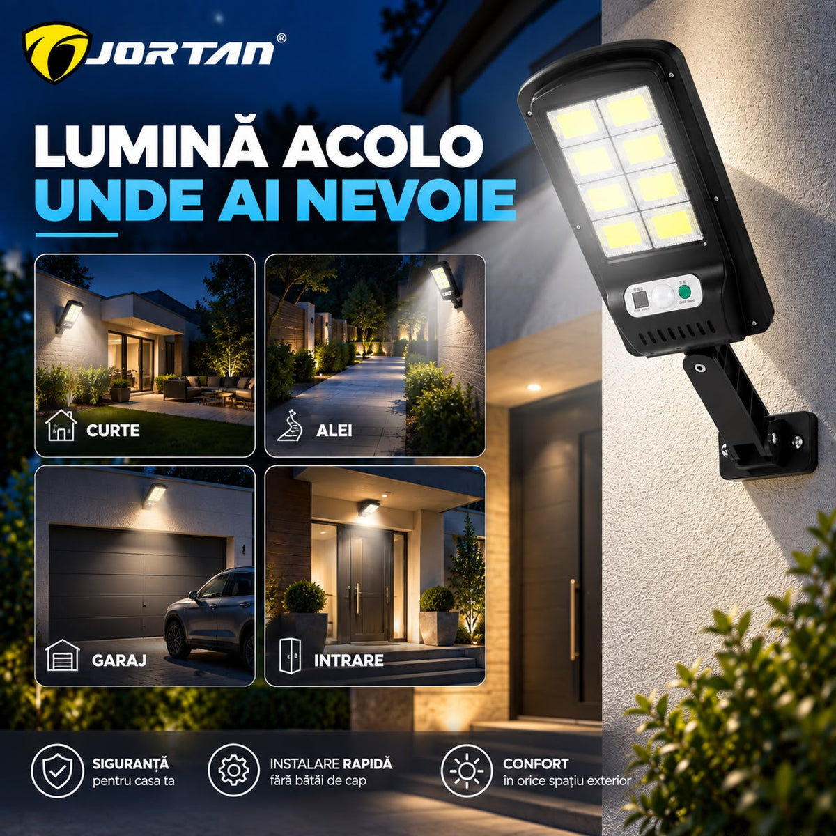 Lampa Solara de Perete JORTAN 100W, 8 LED COB, Iluminare Puternica, Senzor PIR de Miscare, Panou Solar Integrat, Telecomanda Wireless, 3 Moduri de Iluminare, Unghi Reglabil 180°, Acumulator 1500mAh, Suport Montaj Inclus