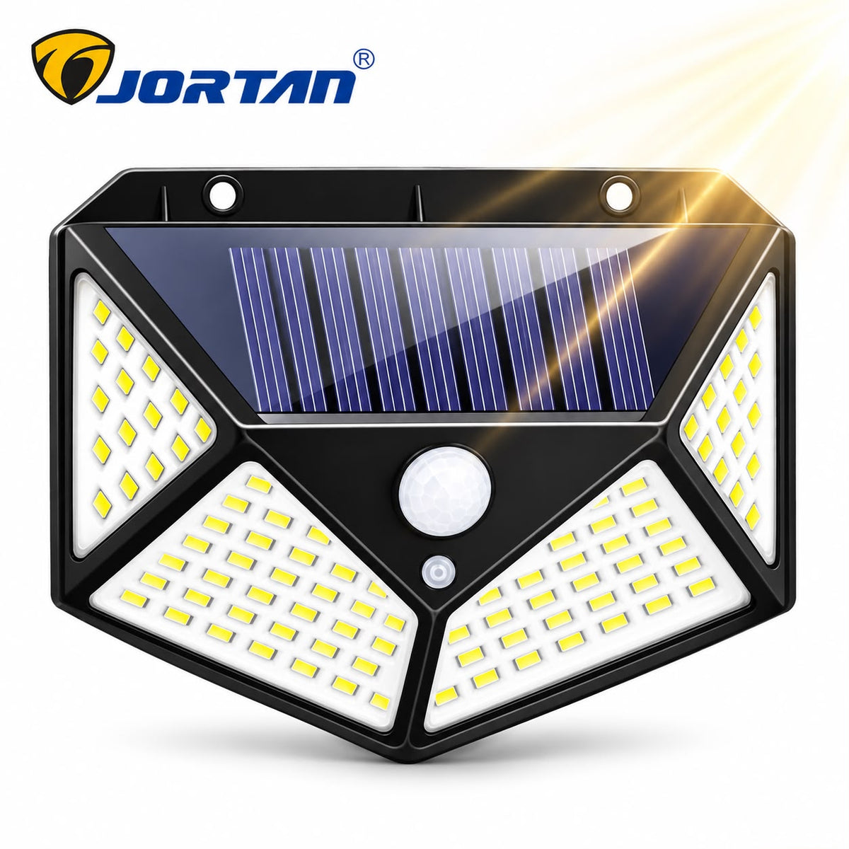 Lampa Solara de Perete JORTAN, 100 LED-uri, Iluminare Multidirectionala, Senzor de Miscare, Panou Solar Integrat, 3 Moduri de Iluminare, Protectie IP66, Aprindere Automata, Montaj Rapid, Curte, Gradina, Alee, Garaj