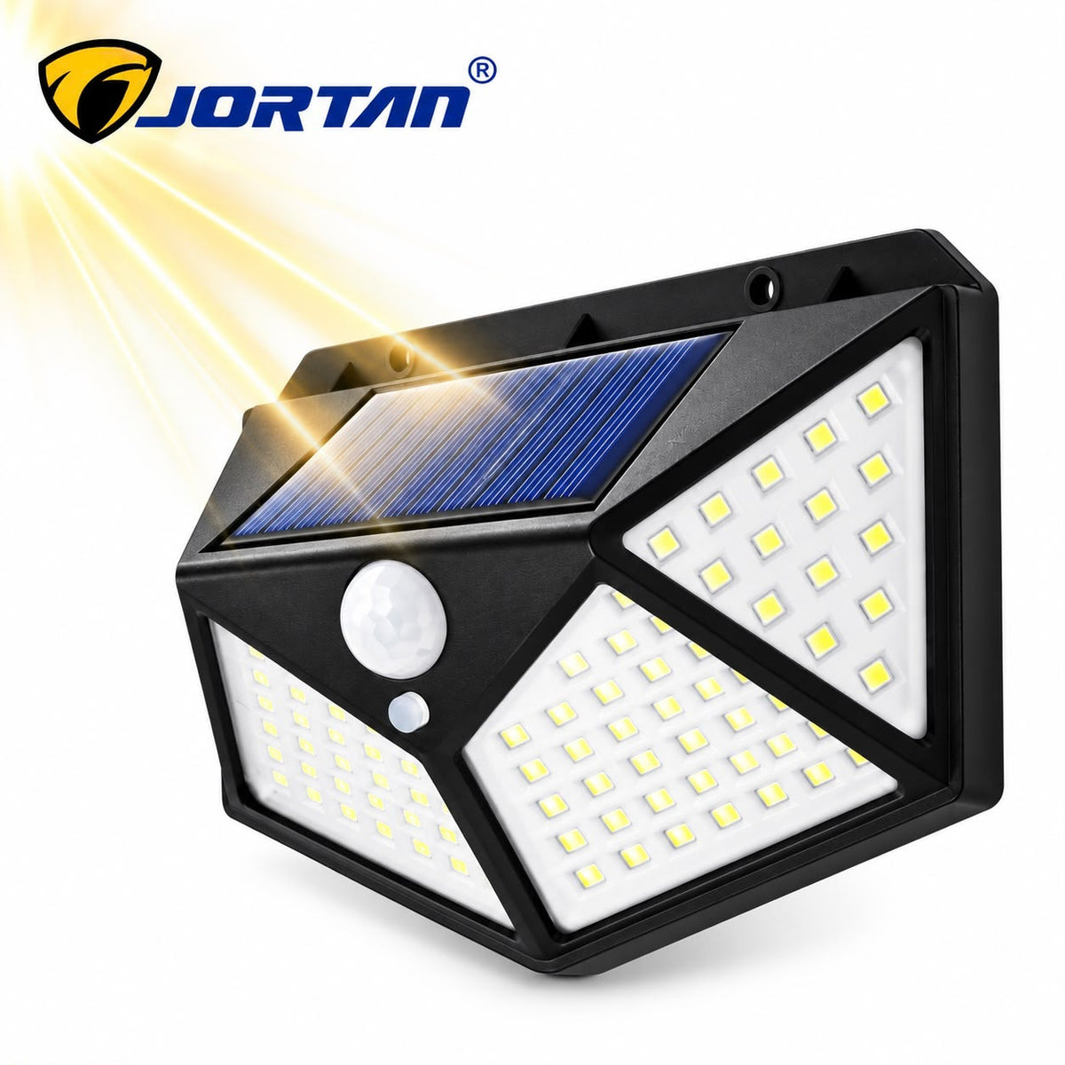 Lampa Solara de Perete JORTAN, 100 LED-uri, Iluminare Multidirectionala, Senzor de Miscare, Panou Solar Integrat, 3 Moduri de Iluminare, Protectie IP66, Aprindere Automata, Montaj Rapid, Curte, Gradina, Alee, Garaj