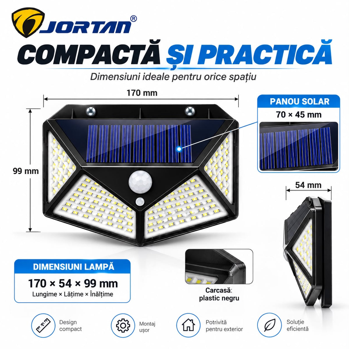 Lampa Solara de Perete JORTAN, 100 LED-uri, Iluminare Multidirectionala, Senzor de Miscare, Panou Solar Integrat, 3 Moduri de Iluminare, Protectie IP66, Aprindere Automata, Montaj Rapid, Curte, Gradina, Alee, Garaj
